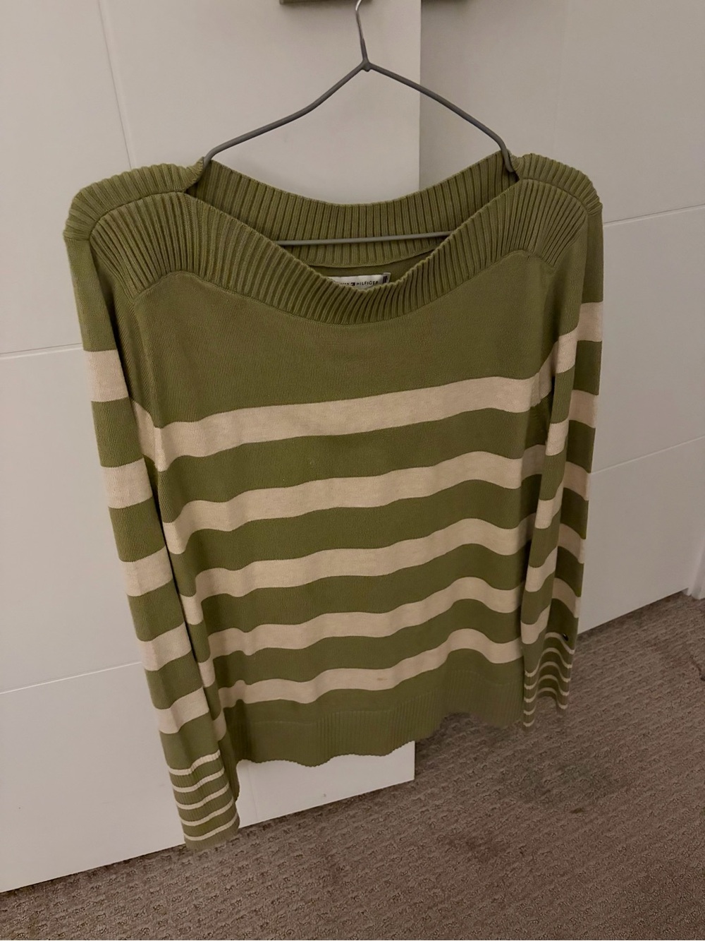 Tommy Hilfiger Olive & Cream Striped Off-the-Shoulder Sweater
